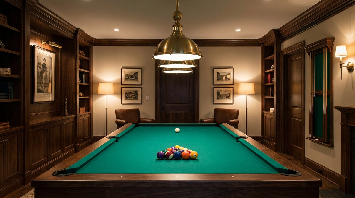 A well-lit, elegantly designed home billiard room featuring a premium pool table with green felt and racked billiard balls, surrounded by dark wood accents and wall-mounted cue sticks.
